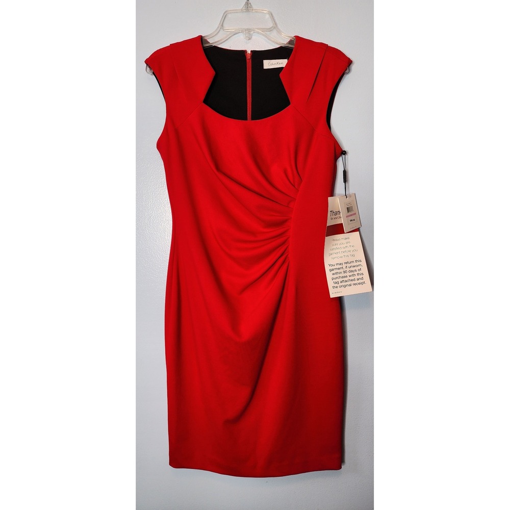 Calvin Klein Sheath Dress Women 6 Red NWT Ruched Career Sleeveless Square Neck